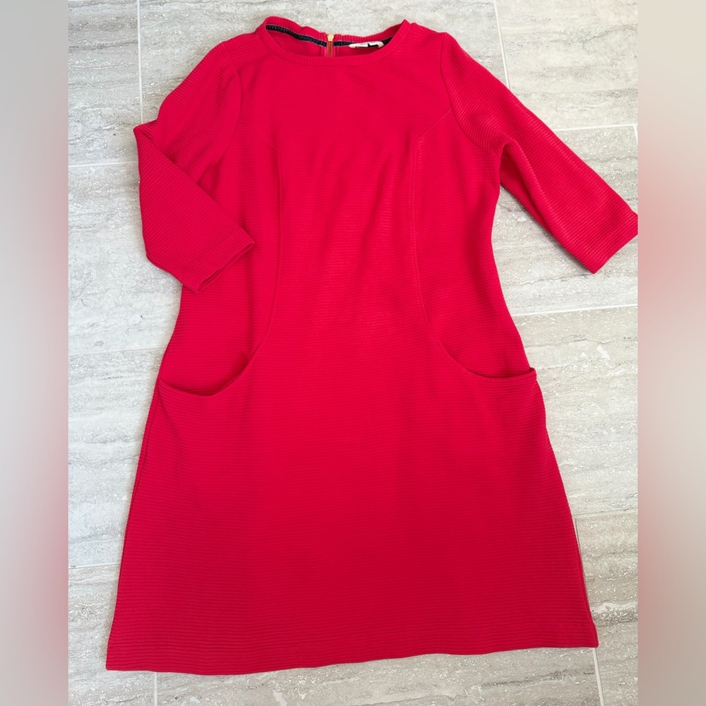 Boden Red Textured Shift Dress Pockets 3/4 Sleeve Work Office Size 14 L - Picture 2 of 9